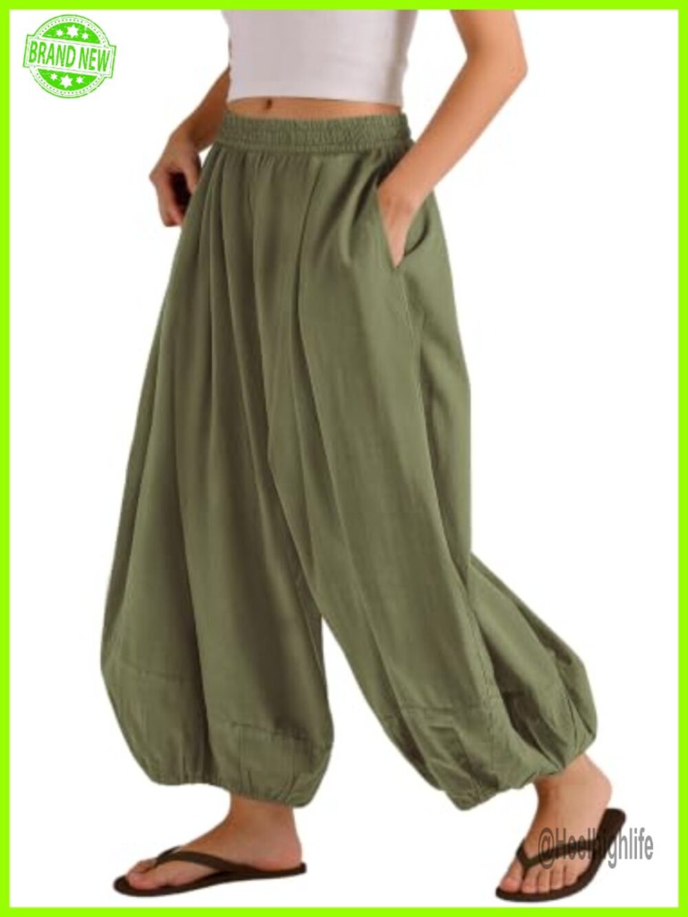 Wide Leg Balloon Pants with Side Pockets Elastic High Waist Travel - Picture 3 of 4
